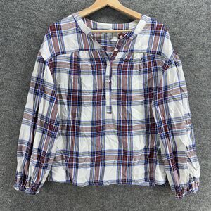 Every Moment Blouse Women M Medium White Plaid V-Neck 1/2 Button Long Sleeve